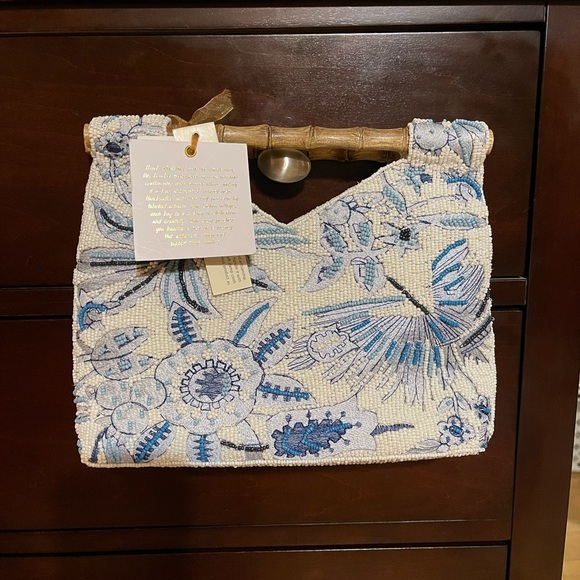 Handcrafted in India Handbags - Beaded Floral Handbag with Bamboo Handle in White and Blue